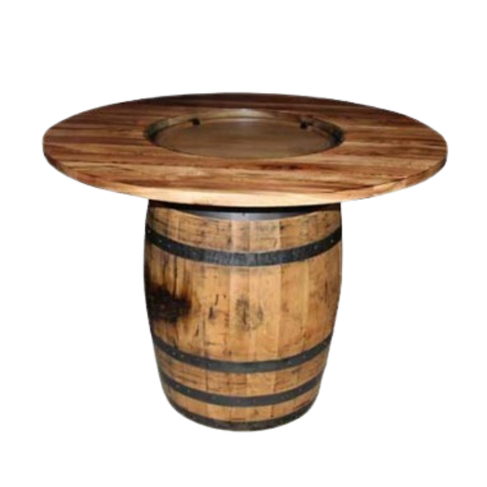 The Plain Barrel Table, crafted from authentic whiskey barrels and featuring a circular top, embodies the charm of handcrafted furniture.