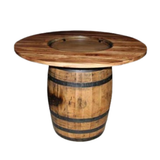 The Plain Barrel Table, crafted from authentic whiskey barrels and featuring a circular top, embodies the charm of handcrafted furniture.