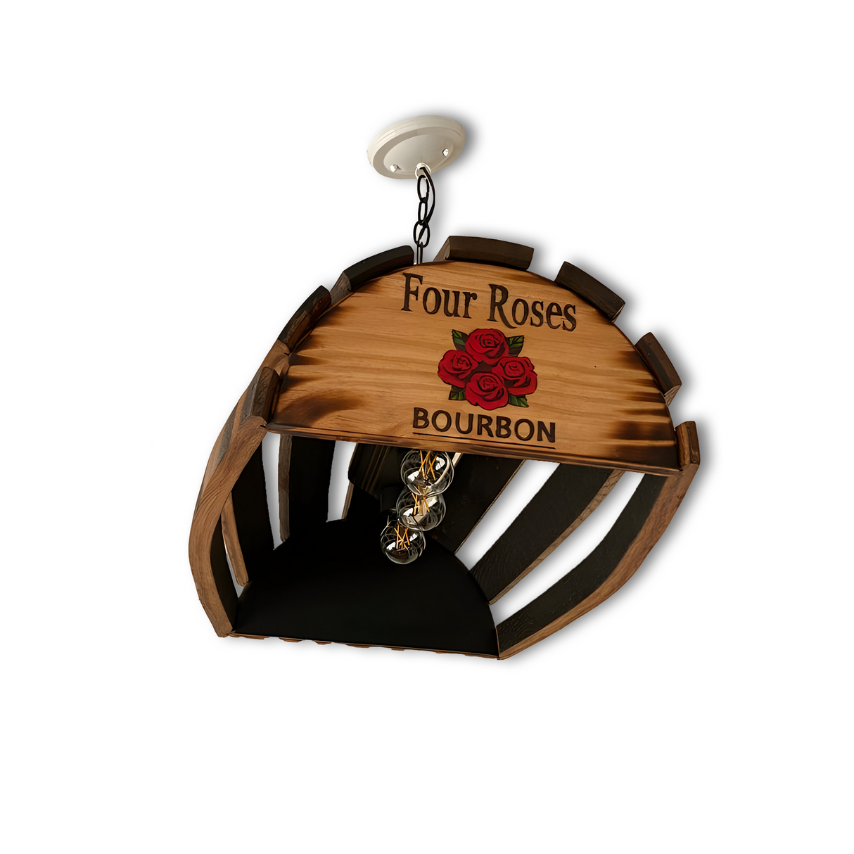 Enhance your space's elegance with this overhead pool table light, handcrafted from solid wood barrel staves. Featuring the "Four Roses Bourbon" logo and four decorative bulbs, it's perfect for those who love refined details and a classic atmosphere.