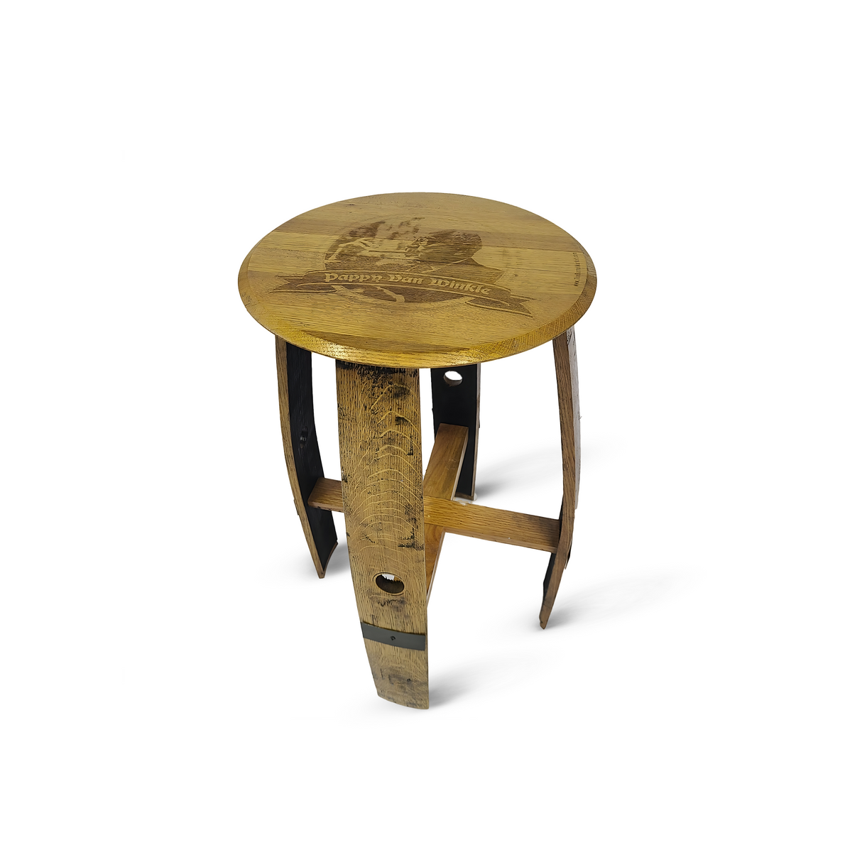 Pub table featuring a round engraved seat crafted from authentic whiskey barrels and supported by four slanted legs.