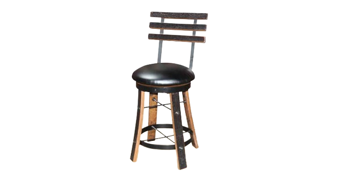 The Reverse Leg Stool boasts a round seat and vertical ladder-style backrest, merging rustic charm with modern minimalist design in black whiskey barrel style.