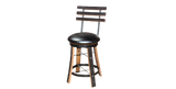 The Reverse Leg Stool boasts a round seat and vertical ladder-style backrest, merging rustic charm with modern minimalist design in black whiskey barrel style.