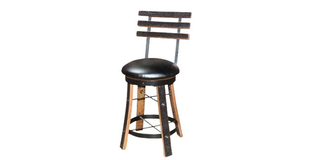 The Reverse Leg Stool boasts a round seat and vertical ladder-style backrest, merging rustic charm with modern minimalist design in black whiskey barrel style.