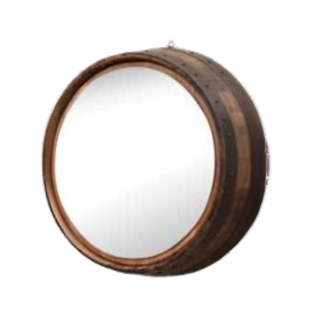 The Round Mirror showcases a rustic, round design with a frame of dark wood that evokes the look of reclaimed whiskey barrels.