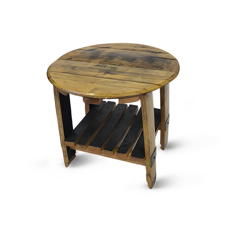 The Side Table With Barrel Head & Rack is a rustic round piece, crafted from reclaimed wood with a slatted lower shelf, exuding rustic elegance reminiscent of a barrel head.