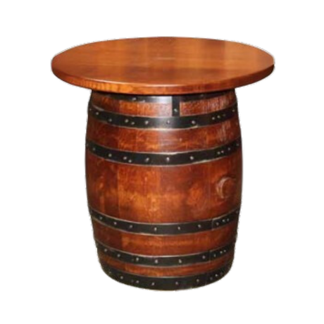 The Small Barrel End Table features a handcrafted design with a round wooden top and a distinctive barrel-shaped base.