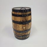 A Small Barrel with Lift Up Lid - U002, priced at $200.00, is a wooden barrel adorned with black metal bands and comes with a lift-up lid handle on top, all showcased against a plain white background.