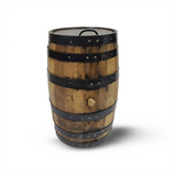 A Small Barrel With Lift Up Lid, featuring a classic wooden design with metal bands, is set against a white background.