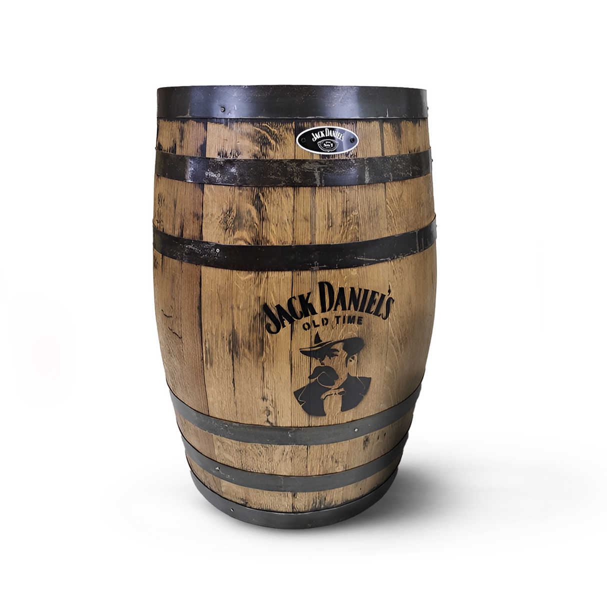 The Standard Refurbished Whiskey Barrel, made from wood with metal bands and featuring the iconic Jack Daniel's logo and artwork, is ideal for spirit enthusiasts wanting a touch of authentic bourbon history.