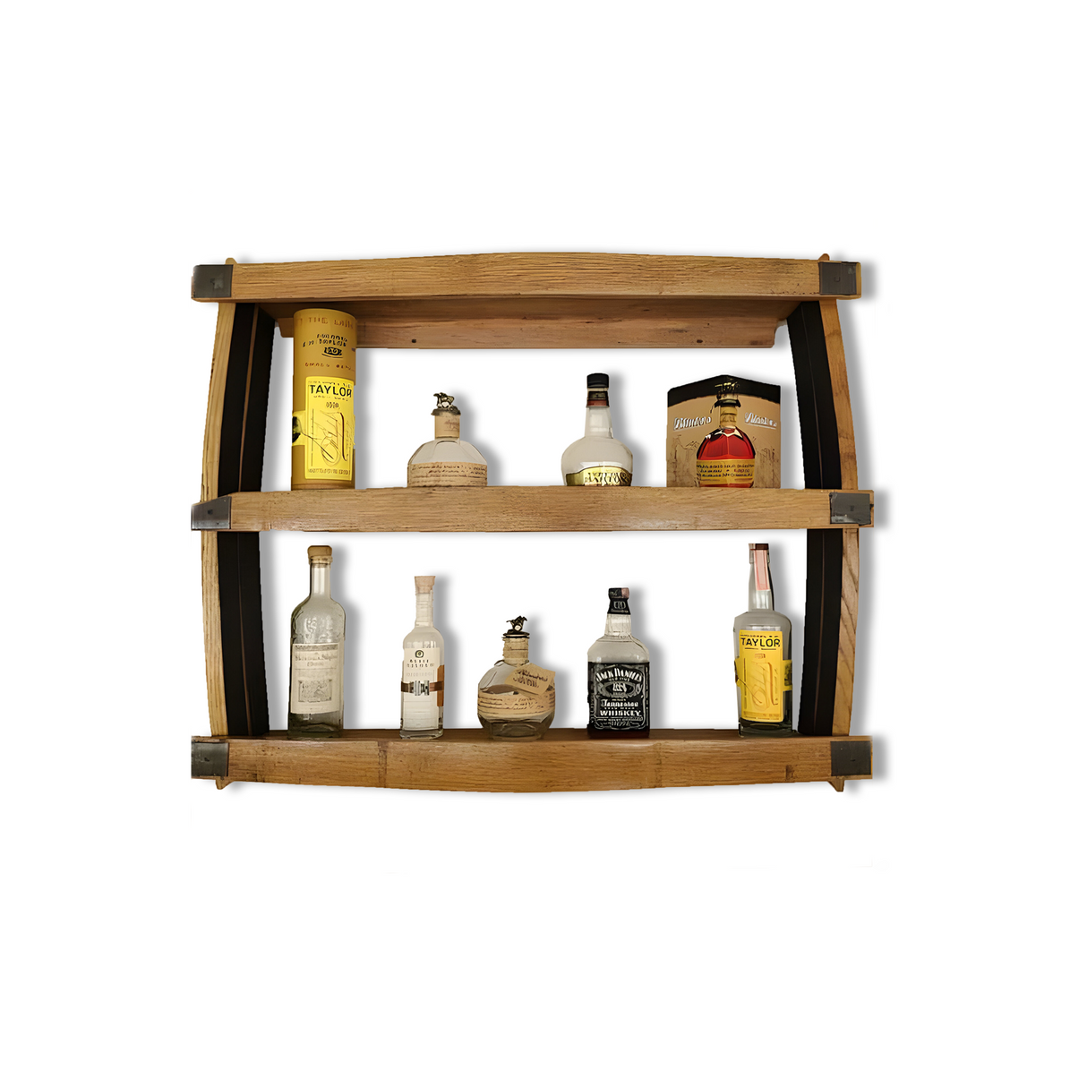 This 3-tier bar shelf, made from handmade solid wood in a barrel design, exudes rustic charm by elegantly displaying three rows of spirits. Its unique character is perfect for an eye-catching whiskey display that enhances any space.