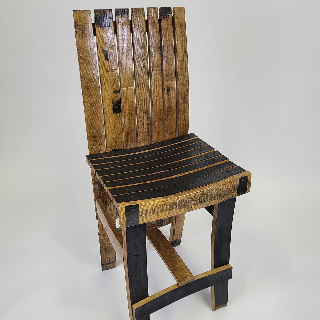 The Stave Chair without Arm Rest (S003) showcases quality craftsmanship with its repurposed pallet construction, black accents, and slatted backrest and seat, all priced at $200.00.