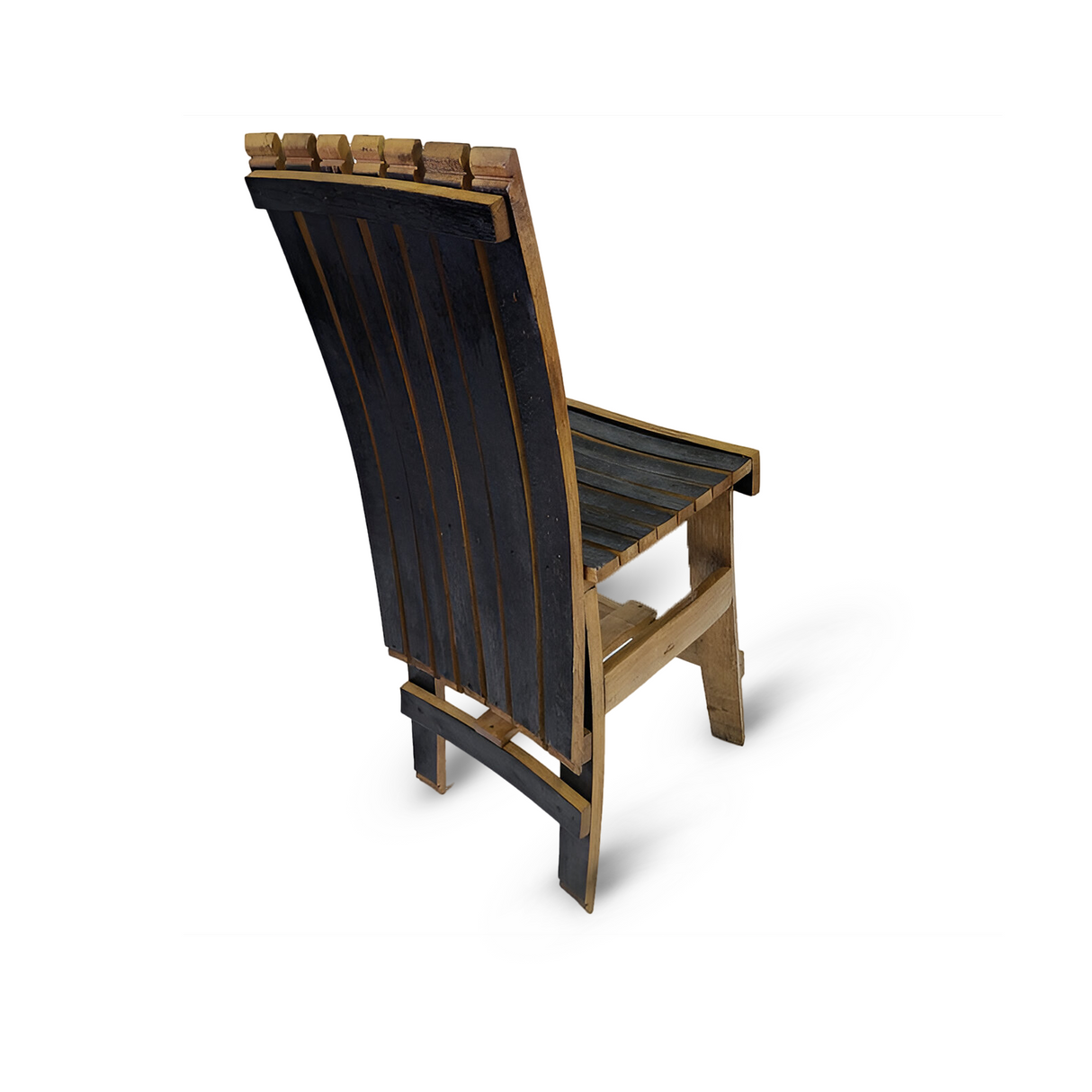 The Dining Chair, Hand Made Solid Wood Barrel Stave Construction, showcases a modern design with a curved backrest and slatted features, viewed from the back at an angle.