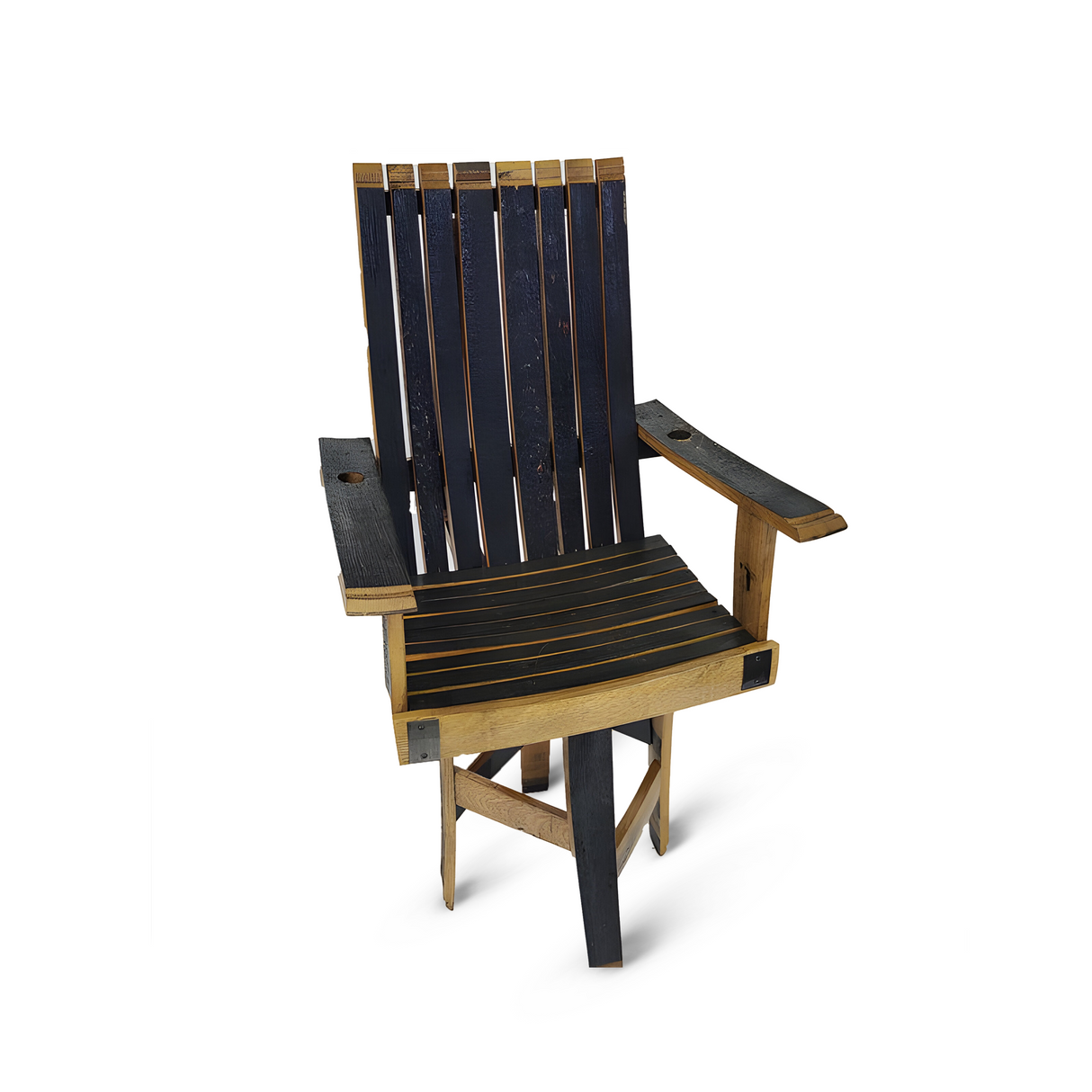 The Swivel Lounge Chair with Armrest is handcrafted from solid wood with a barrel stave design. It features a rustic look reminiscent of an American oak barrel, complete with dark vertical slats on the back and seat, along with wide armrests.