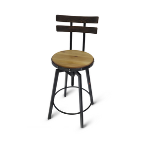 Swivel Barstool With Backrest, Solid Wood Barrel Head Base, Hand Made Metal Frame Construction