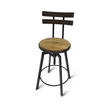 The Swivel Barstool with Backrest features a solid wood barrel head base and a handmade metal frame construction. It showcases an ergonomic design against a white background, crafted from sustainable materials to effortlessly complement any space.