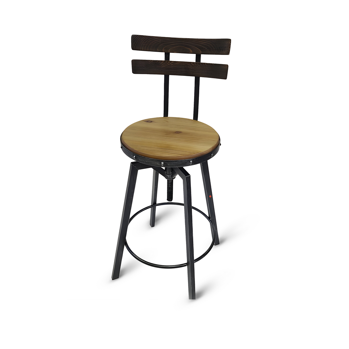 The Swivel Barstool with Backrest features a solid wood barrel head base and a handmade metal frame construction. It showcases an ergonomic design against a white background, crafted from sustainable materials to effortlessly complement any space.