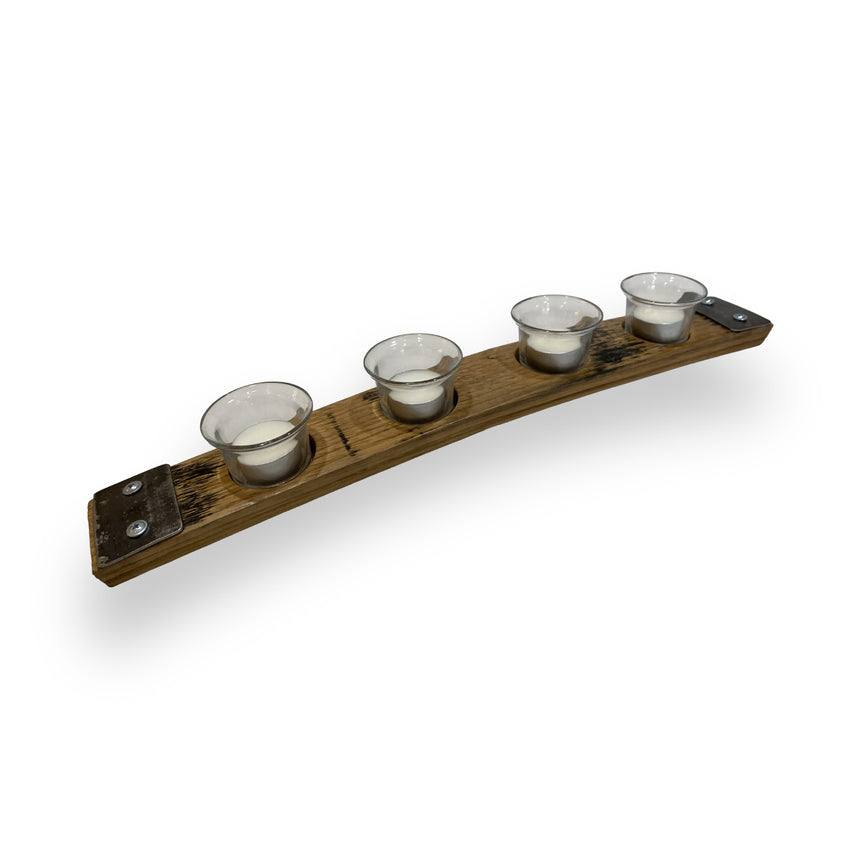 The Whiskey Barrel Stave Candle Holder features four glass votive holders on a handcrafted, curved wooden base with metal accents, offering rustic elegance.