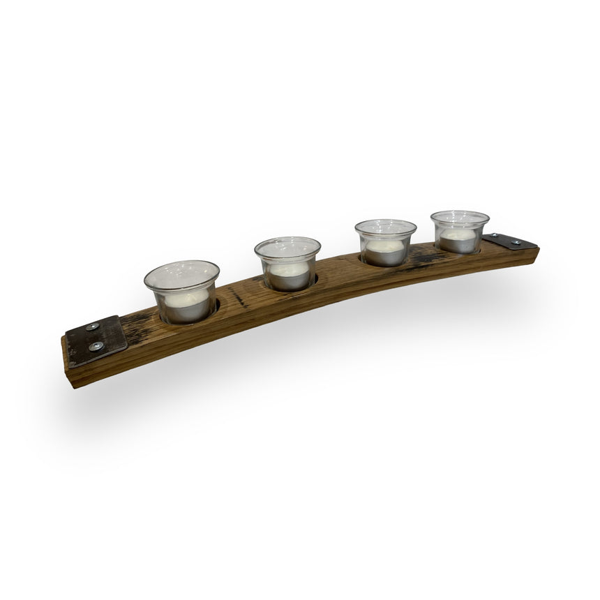 The Whiskey Barrel Stave Candle Holder features a handcrafted curved wood design with four evenly spaced glass votives, bringing rustic elegance to any room.