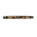 Barrel Staves wall sign crafted from reclaimed oak features "U.S. NAVY" text, a ship silhouette, and eagle emblem, mounted with black brackets.
