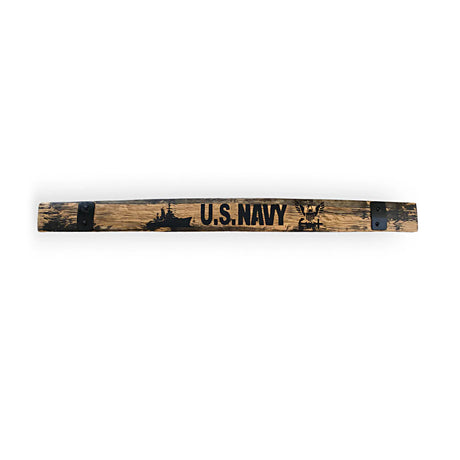 Barrel Staves wall sign crafted from reclaimed oak features "U.S. NAVY" text, a ship silhouette, and eagle emblem, mounted with black brackets.