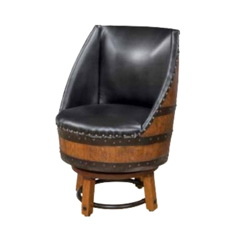 Elevate your decor with the Upholstered Barrel Stool Black, featuring a sophisticated design that combines sleek black leather upholstery with a wooden barrel-style base reminiscent of authentic whiskey barrels for premium comfort and elegance in any room.