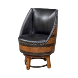 Elevate your decor with the Upholstered Barrel Stool Black, featuring a sophisticated design that combines sleek black leather upholstery with a wooden barrel-style base reminiscent of authentic whiskey barrels for premium comfort and elegance in any room.