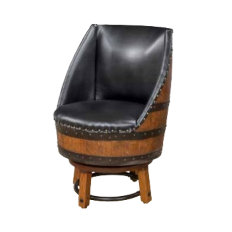 Elevate your decor with the Upholstered Barrel Stool Black, featuring a sophisticated design that combines sleek black leather upholstery with a wooden barrel-style base reminiscent of authentic whiskey barrels for premium comfort and elegance in any room.