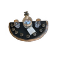 A wooden half-circle shelf showcases a Blanton's Bottle, two glasses, and decorative silver tokens in a semicircle, accented with unique horse cork stoppers, featuring the Bar Tray designed for Blanton's Bottle and Horse Cork Stoppers (corks not included), handcrafted from solid wood barrel.