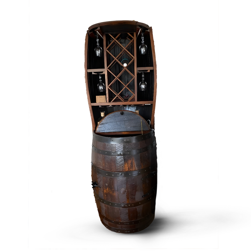 The Hutch Wine Bar Cabinet, crafted from a handmade solid wood barrel, elegantly displays up to 7 wine bottles and 20 glasses against a white background.