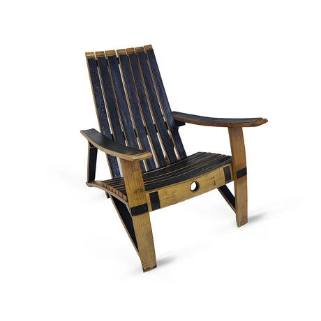 The Adirondack Lounge Chair, crafted from solid reclaimed whiskey barrel staves, features wide armrests, an ergonomic slatted back, and a unique circular hole in the seat support.