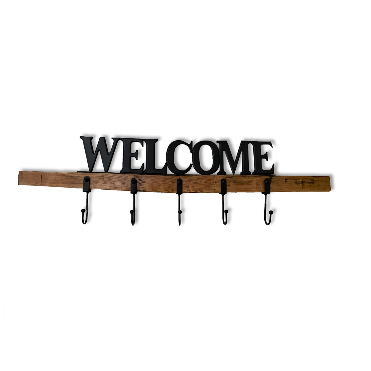 The Whiskey Barrel Stave Welcome Coat Rack exudes rustic elegance, showcasing "WELCOME" on top with five hooks below.