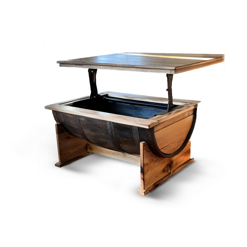 The Whiskey Half Barrel Coffee Table with Lift Top showcases a rustic design, featuring a barrel-like base, metal supports, and convenient storage.