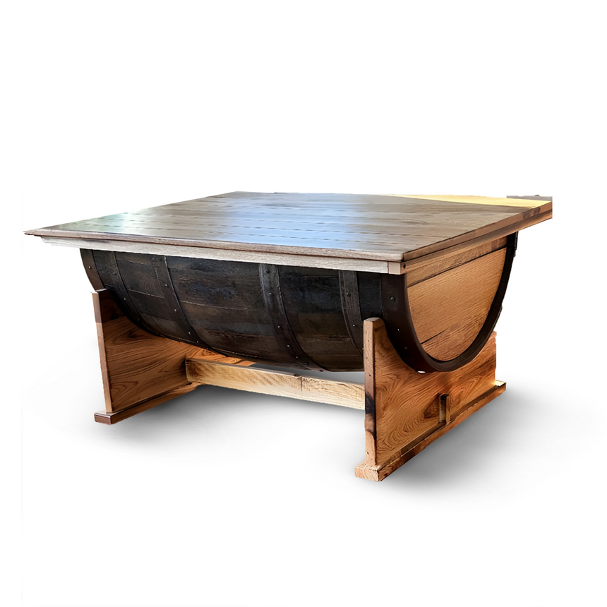 The Whiskey Half Barrel Coffee Table with Lift Top is a wooden table featuring a smooth, polished top and clever lift-top storage.