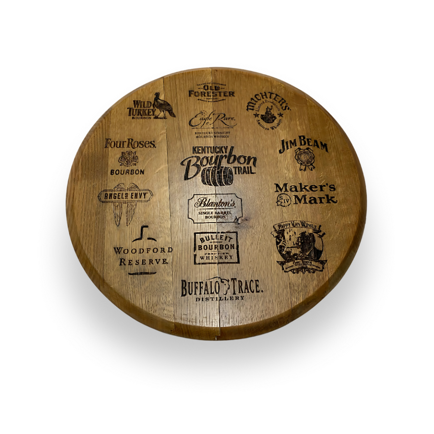 The Whiskey Barrel Head Etch Bourbon Trail is a round wooden board made from whiskey barrel heads, engraved with a circle of Kentucky bourbon brand logos, celebrating the spirit of Kentucky’s Bourbon Trail.