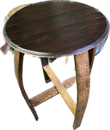 The Wine Pub Table, priced at $175.00, features a rustic round wooden design with a dark stained top and elegantly curved legs, standing 35 inches tall, set against a neutral background.