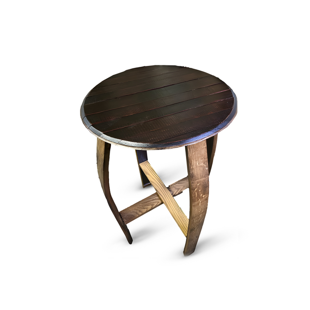 The Wine Pub Table exudes rustic elegance with its round wooden design, featuring curved legs and a dark brown finish that evokes the look of handcrafted barrels.