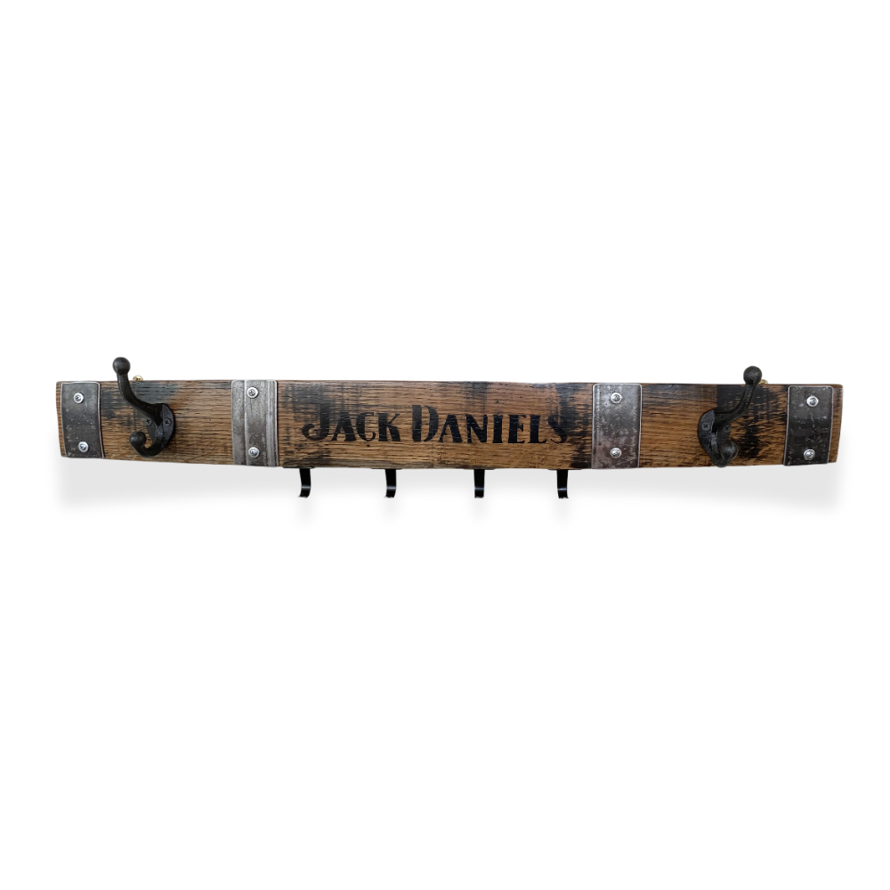 Handcrafted wooden wall-mounted rack, inspired by Jack Daniels, featuring 2 double coat hooks and 4 key hooks, reminiscent of whiskey barrels.