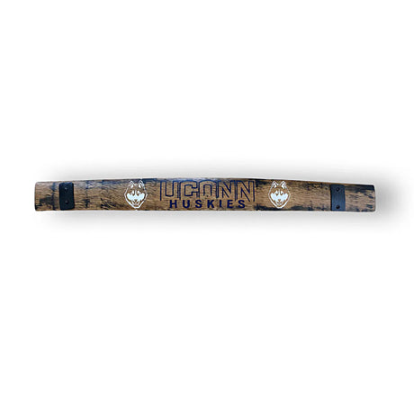 A Barrel Stave made from reclaimed oak, featuring "UConn Huskies" text and logos, mounted with black brackets.