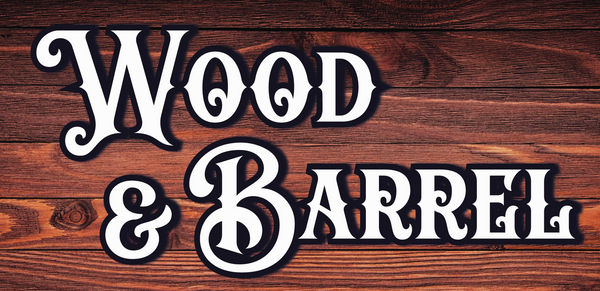 Wood & Barrel" text in decorative font over a wooden plank background.