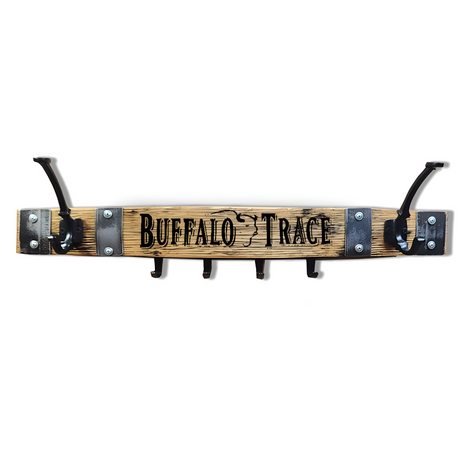 Buffalo Trace Inspired wall-mounted wooden rack features 2 double coat hooks and 4 key hooks, showcasing "Buffalo Trace" text on the front. Ideal for organizing coats and keys while adding distillery branding to your space.