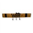 This charming wooden leash holder, crafted from whiskey barrel staves, features a whimsical "Woof" with a dog design and includes three metal hooks, perfect for home decor.