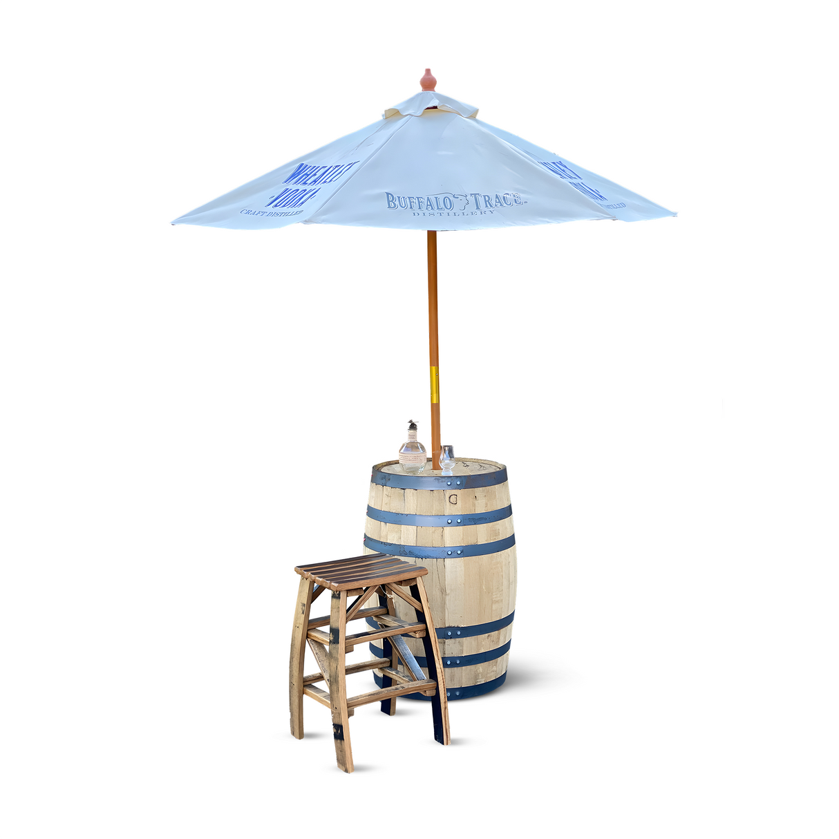 The Patio Pub Table, made from whiskey barrels, includes an umbrella and two stools, making it perfect for outdoor entertainment spaces. Just add a bottle and glass on top for full enjoyment.