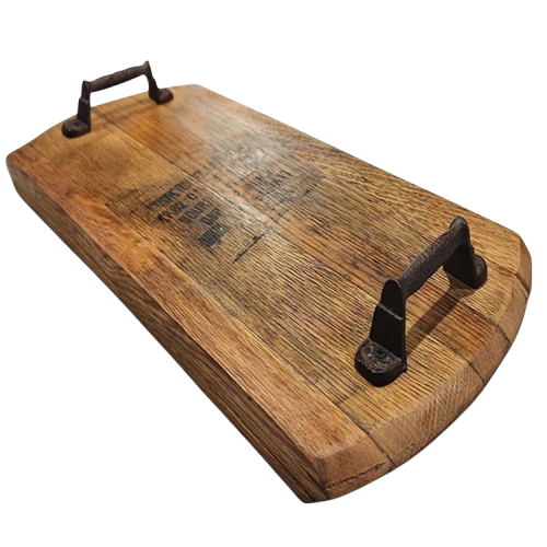 A rustic Charcuterie and Cheese Rectangle Wooden Serving Board with metal handles, showcasing a charming visible grain in its hand-made solid wood construction.