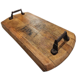 A rustic Charcuterie and Cheese Rectangle Wooden Serving Board with metal handles, showcasing a charming visible grain in its hand-made solid wood construction.