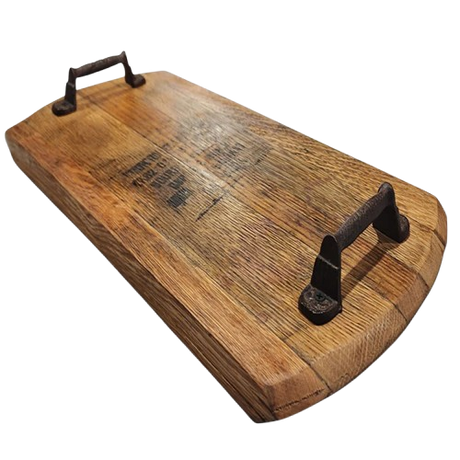 A rustic Charcuterie and Cheese Rectangle Wooden Serving Board with metal handles, showcasing a charming visible grain in its hand-made solid wood construction.