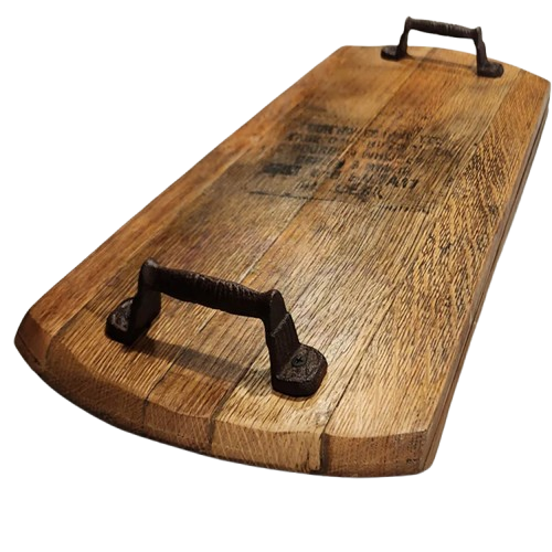 The Charcuterie and Cheese Rectangle Wooden Serving Board, handcrafted with solid wood, is perfect for your next gathering with its elegant metal handles and engraved text.