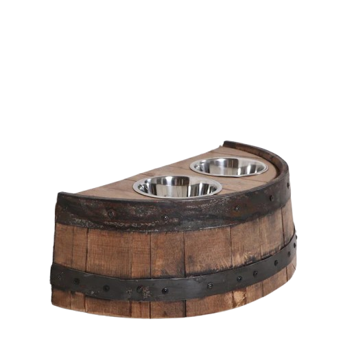 The Whiskey Barrel Pet Feeder features a rustic wooden frame with two stainless steel bowls, adding luxury to your pet's mealtime.