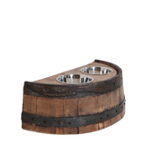 The Whiskey Barrel Pet Feeder features a rustic wooden frame with two stainless steel bowls, adding luxury to your pet's mealtime.