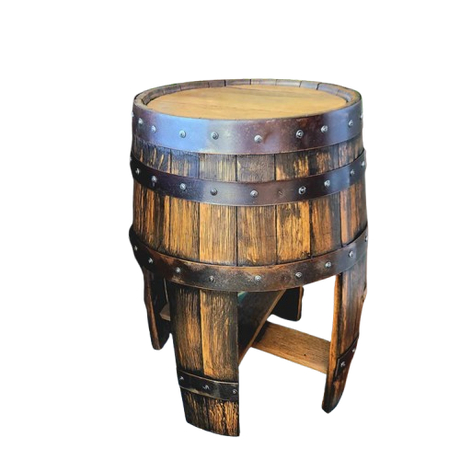 Experience rustic elegance with the End Table featuring stave legs and metal bands, crafted from solid wood barrel construction. With its sturdy build, it serves as a charming addition to any space.