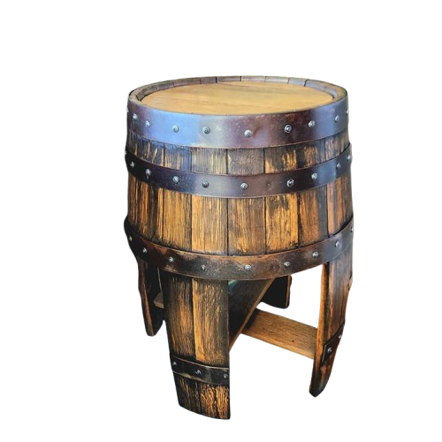 Experience rustic elegance with the End Table featuring stave legs and metal bands, crafted from solid wood barrel construction. With its sturdy build, it serves as a charming addition to any space.